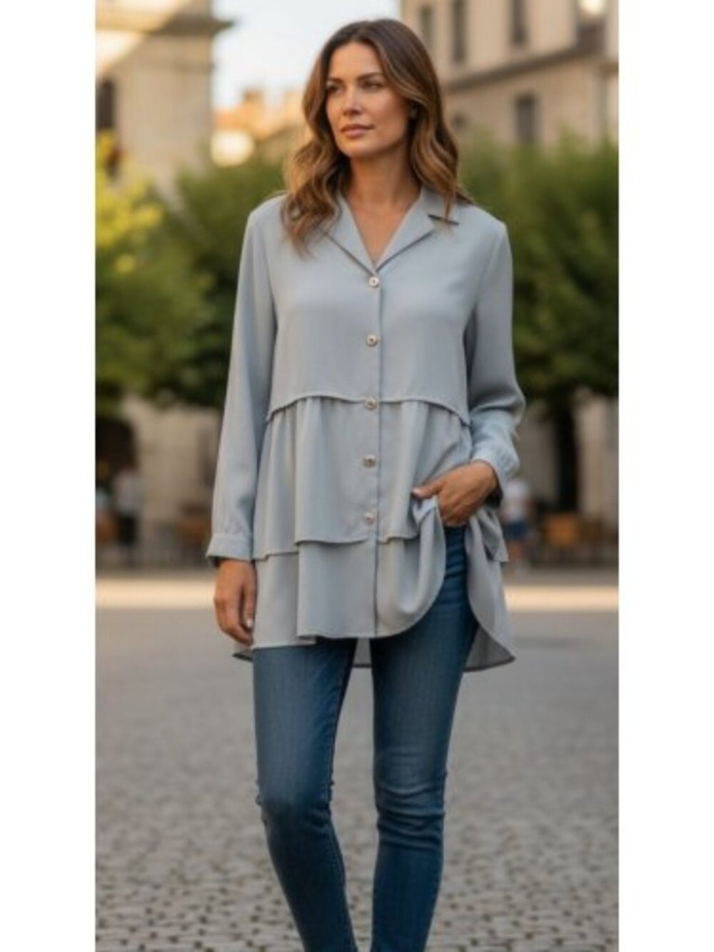 APART Tiered Light Blue Long Sleeve Blouse Ladies Large
